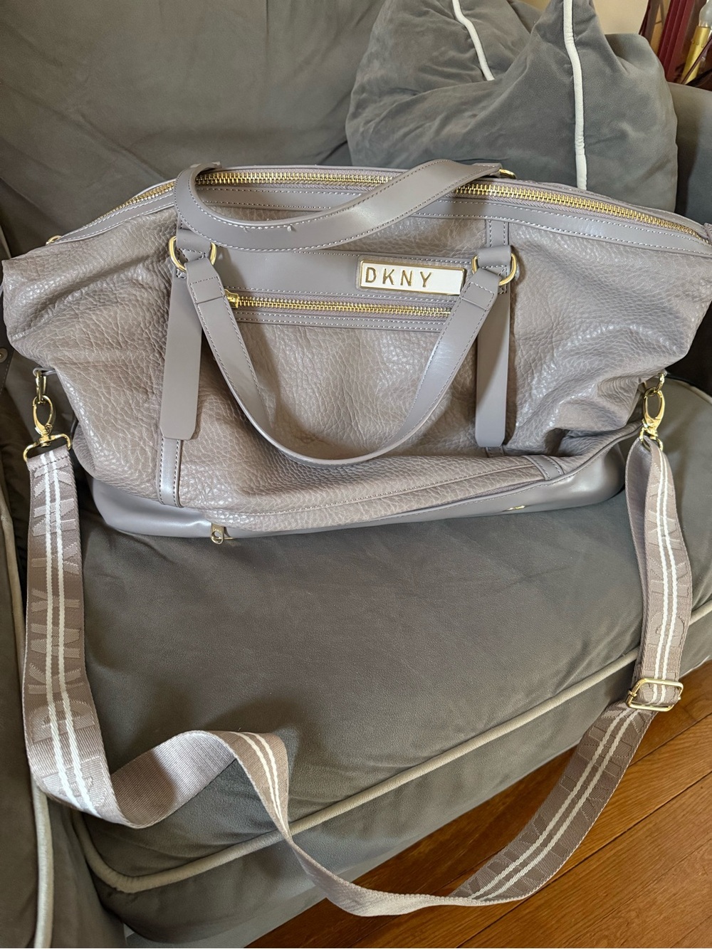 DKNY Leather Weekender Bag in Ash with Striped Removable Strap